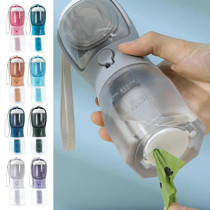 3-in-1 Portable Pet Water Bottle with Food & Waste Bag Dispenser – 300ml