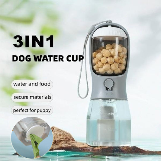 3-in-1 Portable Pet Water Bottle with Food & Waste Bag Dispenser – 300ml